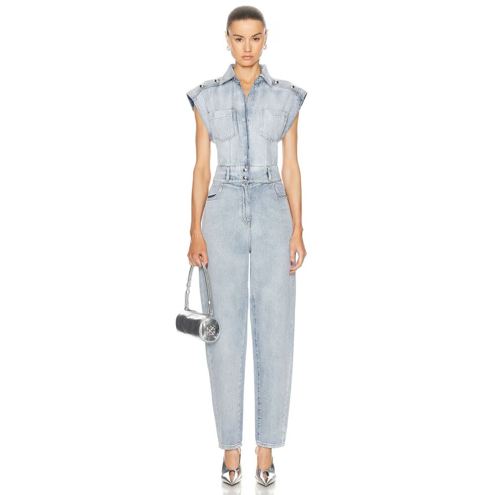 IRO Firat Collared Button Up Denim Jumpsuit in Blue Washed Women's Size 4